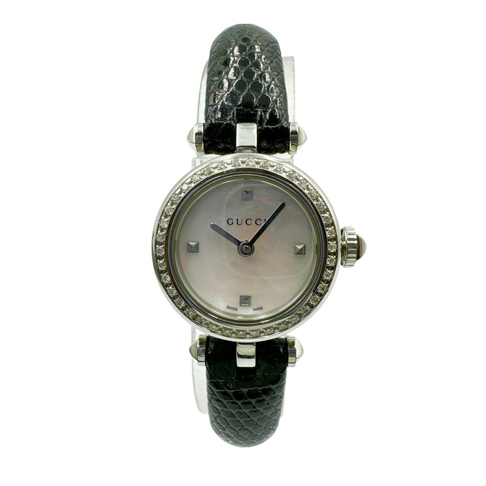 Gucci Diamond Mother of Pearl Black Leather Strap Women Watch